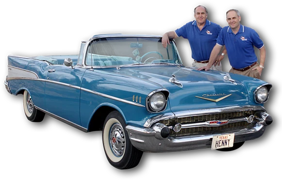 Gary and Randy Hensley with a classic blue Chevrolet